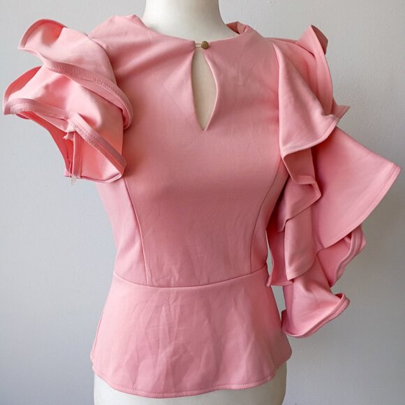 NYLON Ruffle Sleeve Peplum Top – Pink Keyhole Blouse | Size Small - Picture 1 of 9